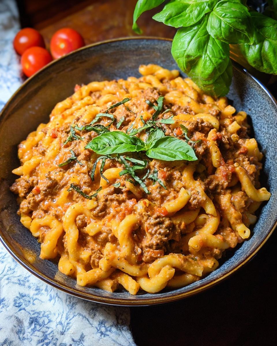 A bowl of Creamy High Protein Beef Pasta, garnished with fresh basil leaves.