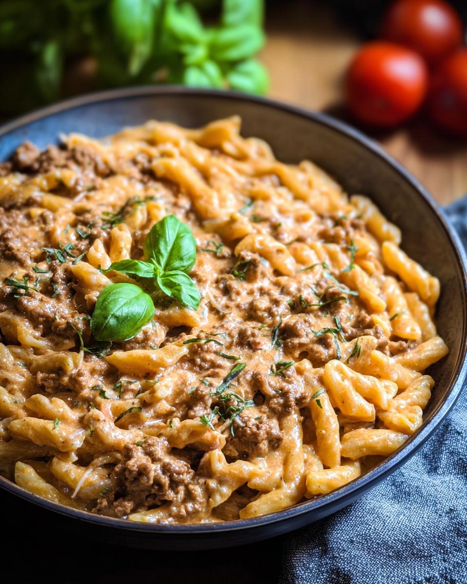 A close-up of a bowl filled with Creamy High Protein Beef Pasta, garnished with fresh basil.