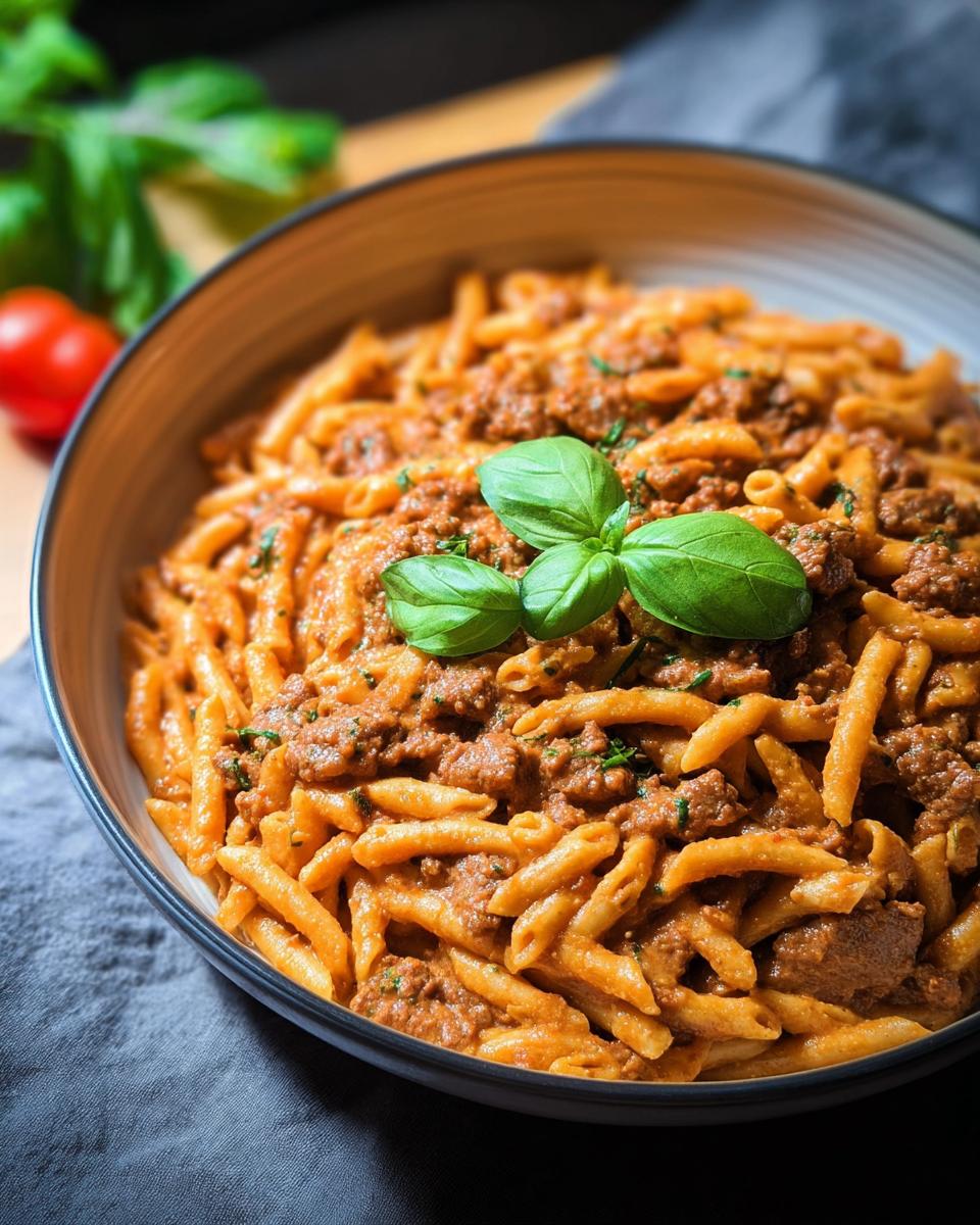 A close-up of a bowl of Creamy High Protein Beef Pasta, garnished with fresh basil leaves.