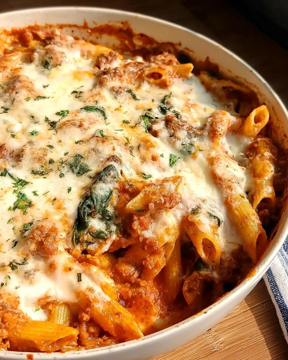 Close-up of a baked Creamy High Protein Beef Pasta dish, topped with melted cheese and parsley.