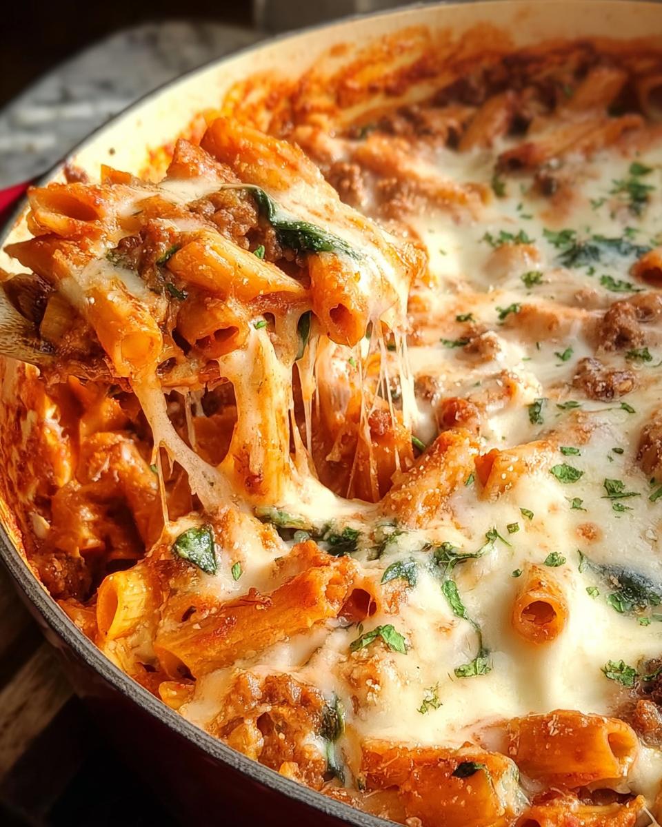 A scoop of creamy high protein beef pasta with melted cheese and spinach, garnished with parsley.