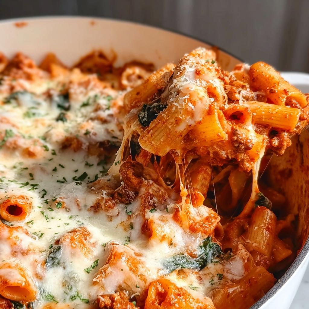 A serving spoon lifting a portion of Creamy High Protein Beef Pasta, showing gooey melted cheese and rich sauce.