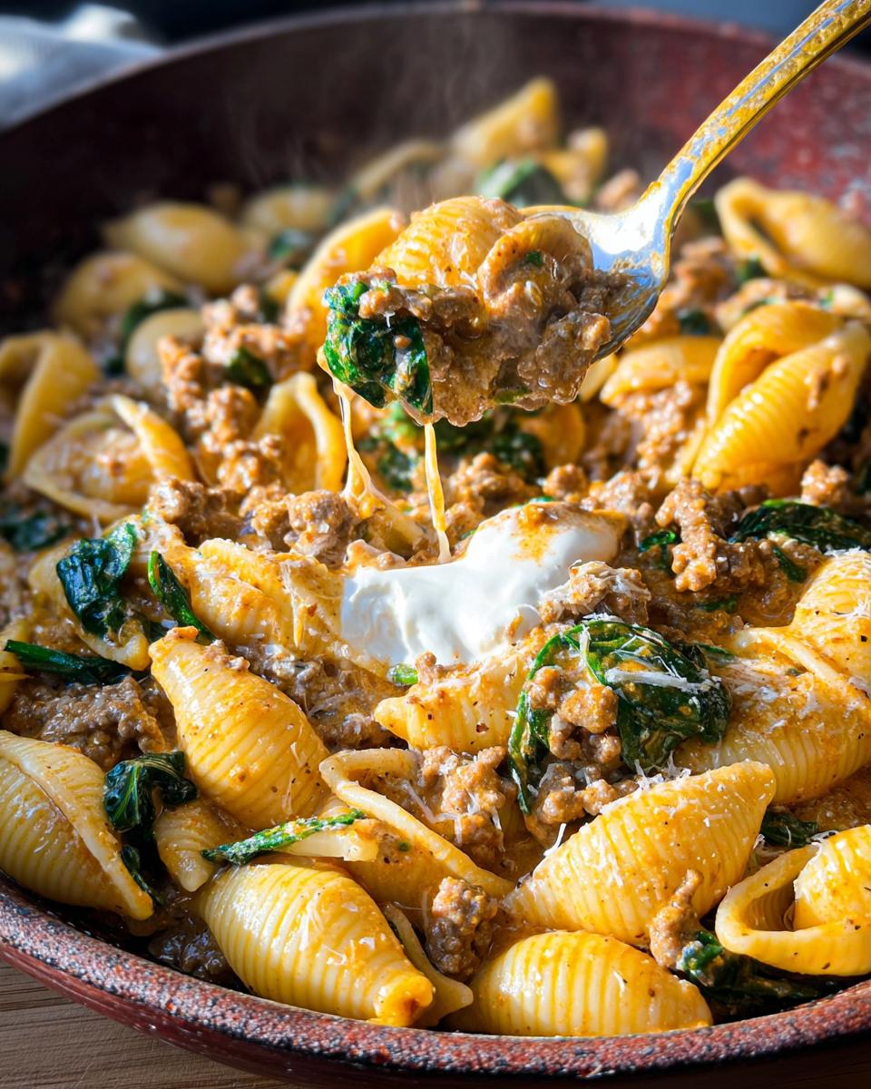 A spoonful of creamy high protein beef pasta with spinach and cheese, showing melted cheese strands.