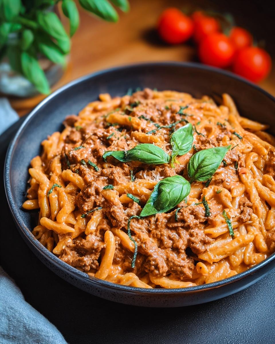 A close-up of a bowl of Creamy High Protein Beef Pasta, garnished with fresh basil leaves and grated cheese.