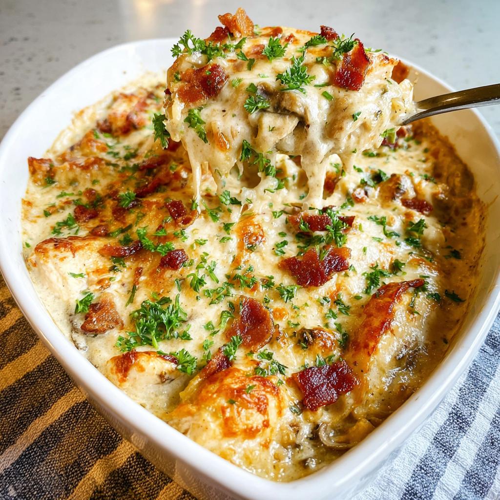 A spoonful of creamy low carb chicken casserole topped with crispy bacon and fresh parsley.
