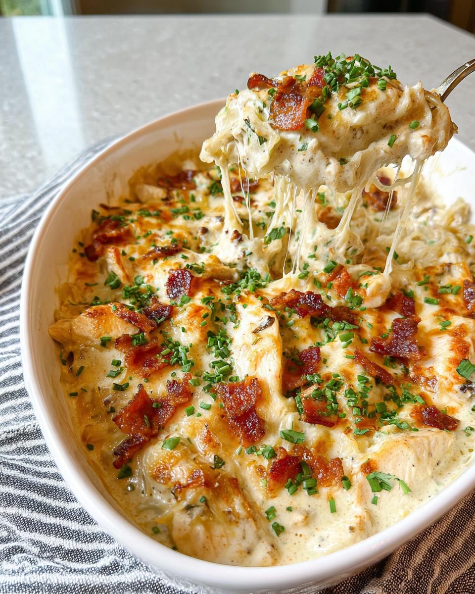 A spoonful lifting a cheesy, creamy low carb chicken casserole topped with bacon and chives.
