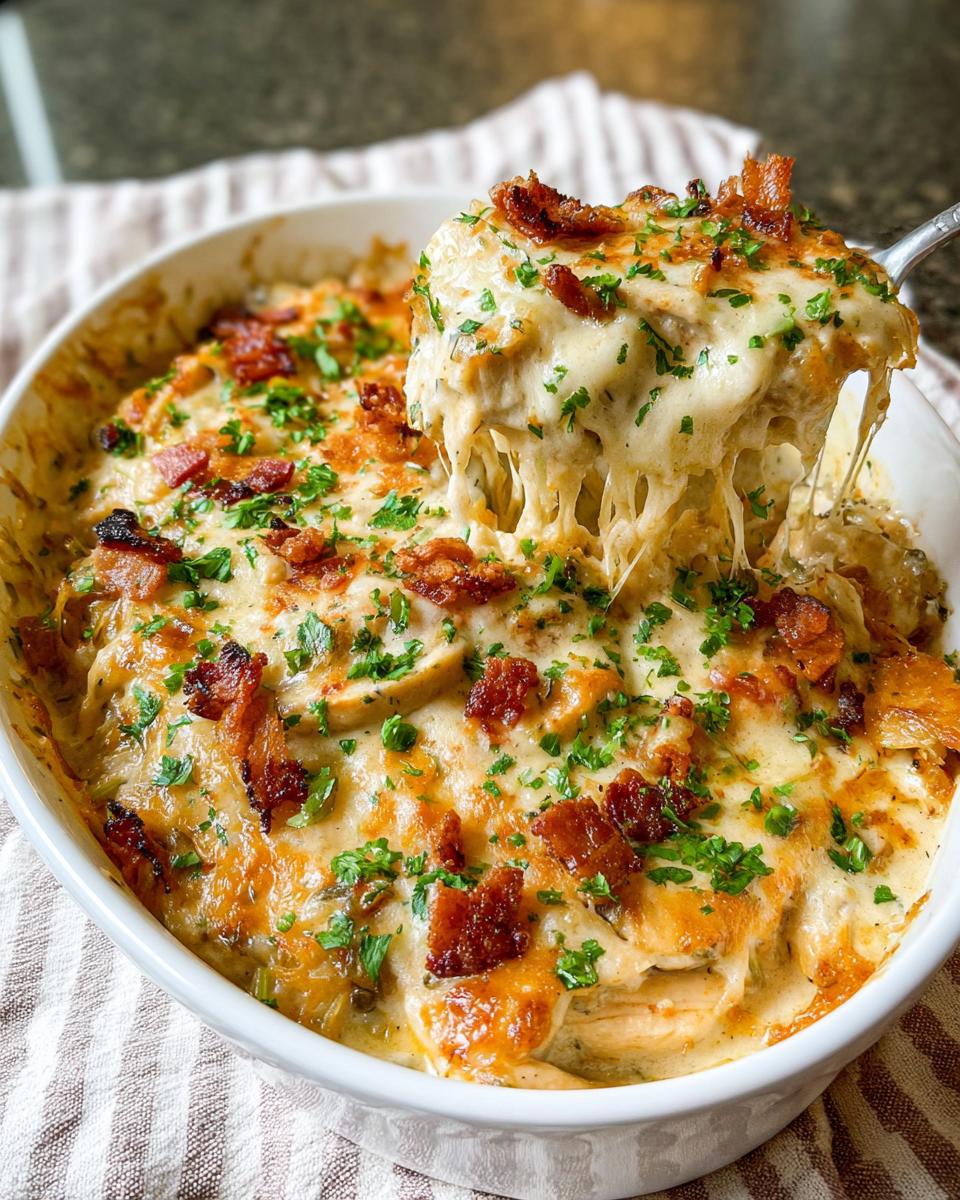 A serving spoon lifting a cheesy portion of Creamy Low Carb Chicken Casserole, topped with bacon and parsley.