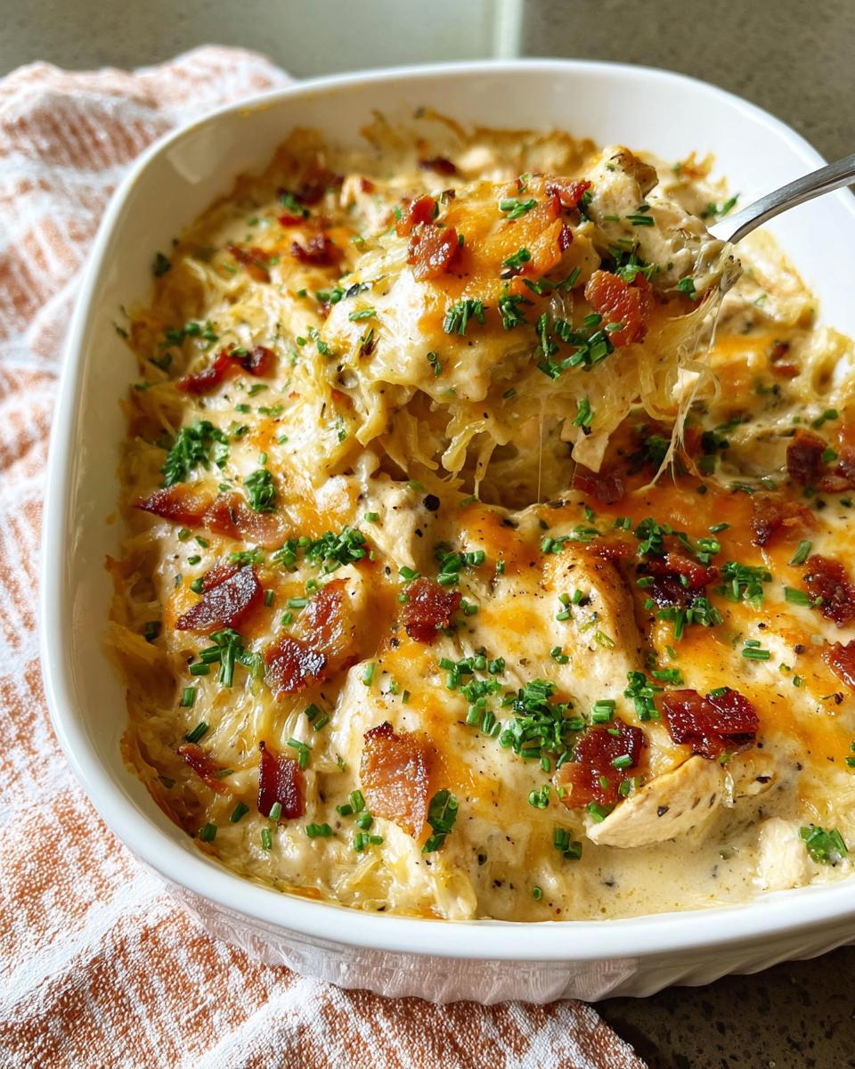 A spoonful lifting a cheesy portion of Creamy Low Carb Chicken Casserole topped with bacon and chives.