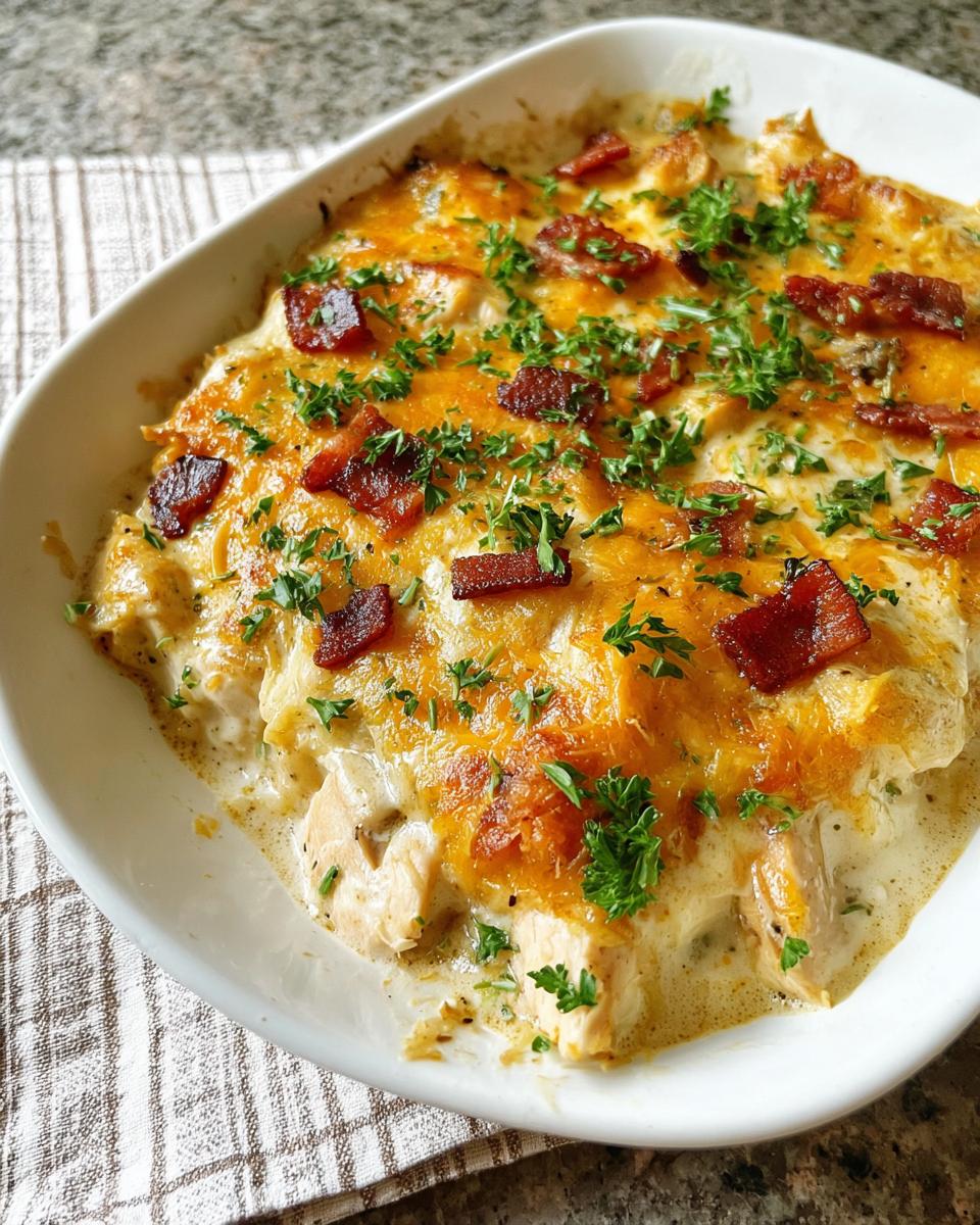 A close-up of a Creamy Low Carb Chicken Casserole topped with melted cheese and crispy bacon bits, garnished with parsley.