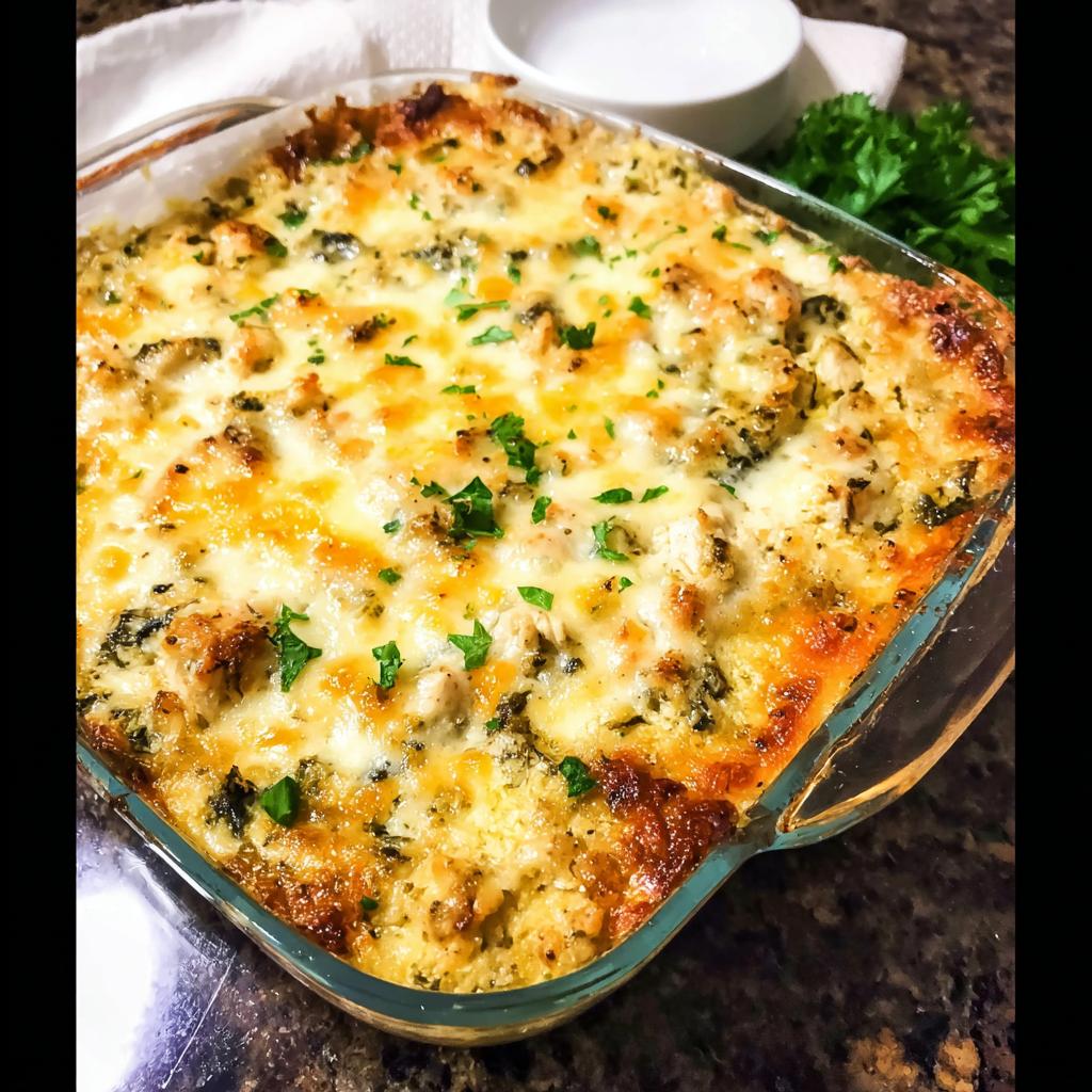 A golden-brown, bubbly Creamy Low Carb Chicken Casserole topped with melted cheese and fresh parsley in a glass baking dish.