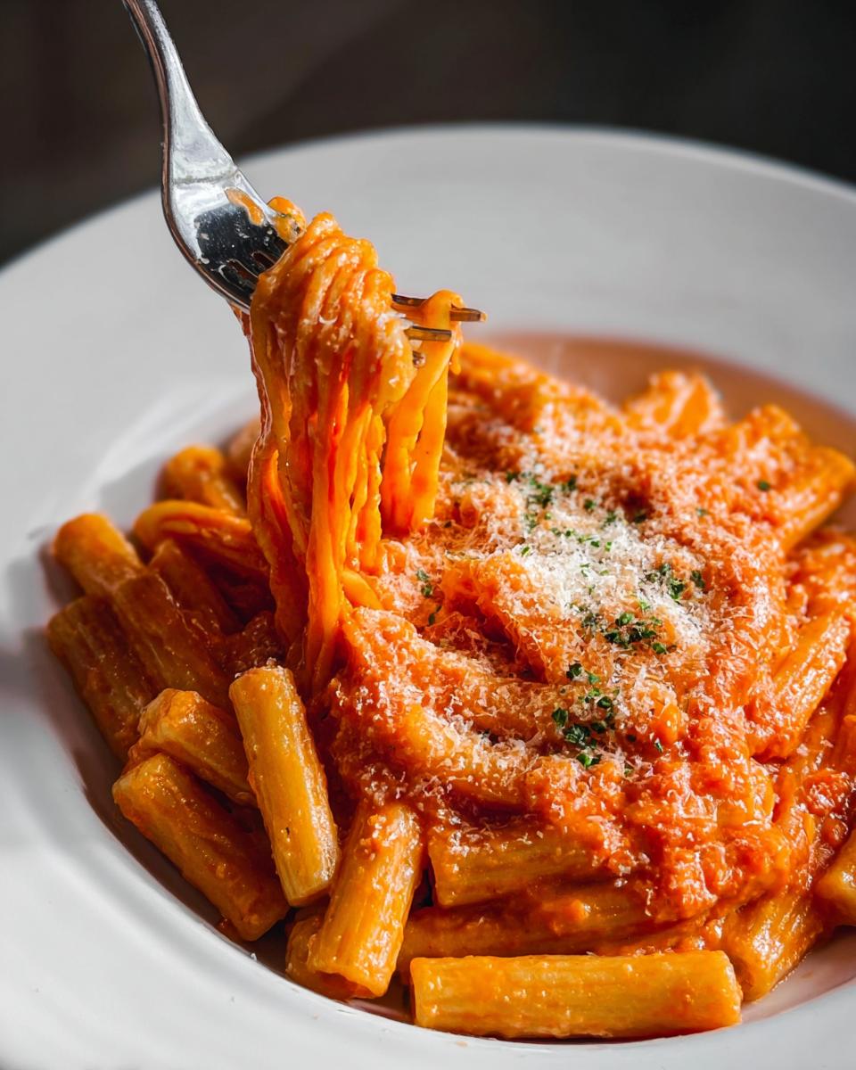 A fork lifting a generous portion of creamy tomato garlic pasta from a white bowl, topped with parmesan cheese and herbs.