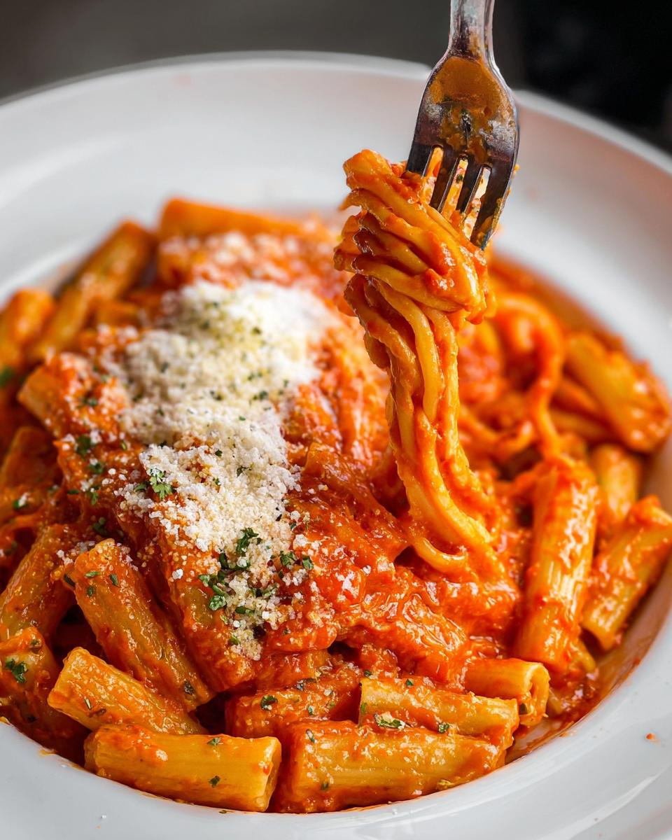 A fork twirls creamy tomato garlic pasta, topped with grated Parmesan cheese and parsley.