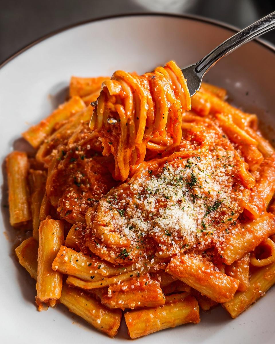 A fork twirls creamy tomato garlic pasta, topped with grated Parmesan cheese and herbs.