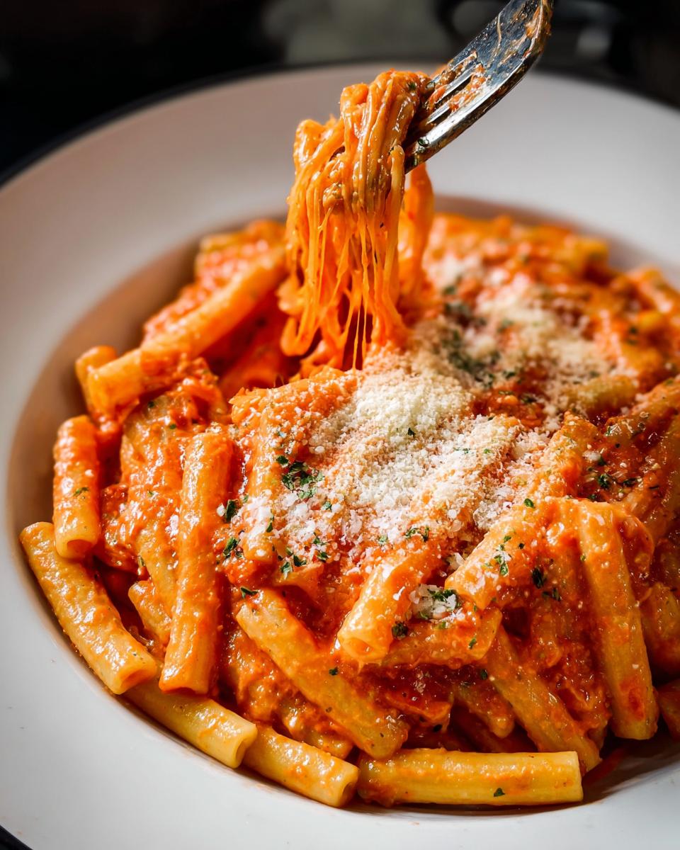 A fork twirls creamy tomato garlic pasta, topped with grated Parmesan cheese and parsley.