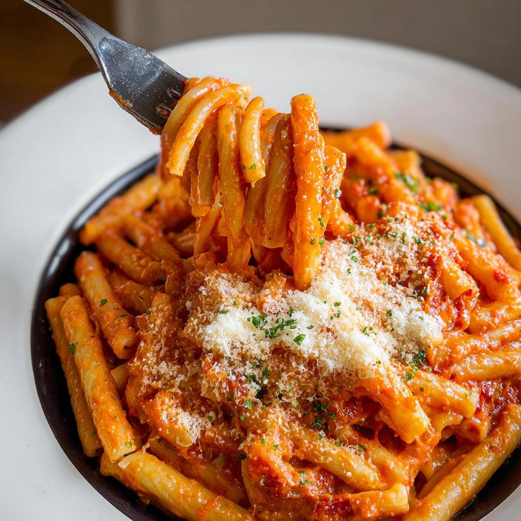 A fork twirling creamy tomato garlic pasta, topped with grated Parmesan cheese and parsley.