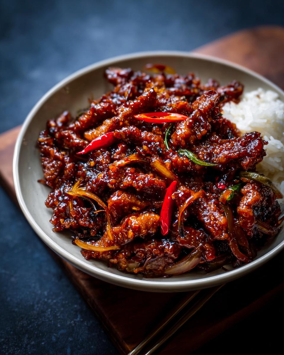 A close-up of a bowl filled with glistening Crispy Chilli Beef Rice, garnished with red chillies and onions.