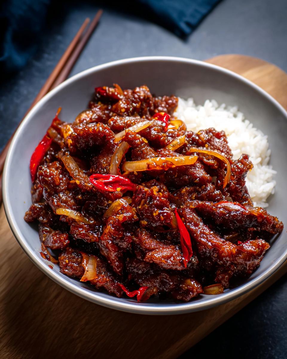 A close-up of a bowl of Crispy Chilli Beef Rice, featuring tender beef strips in a glossy sauce with onions and red chilies, served with fluffy white rice.
