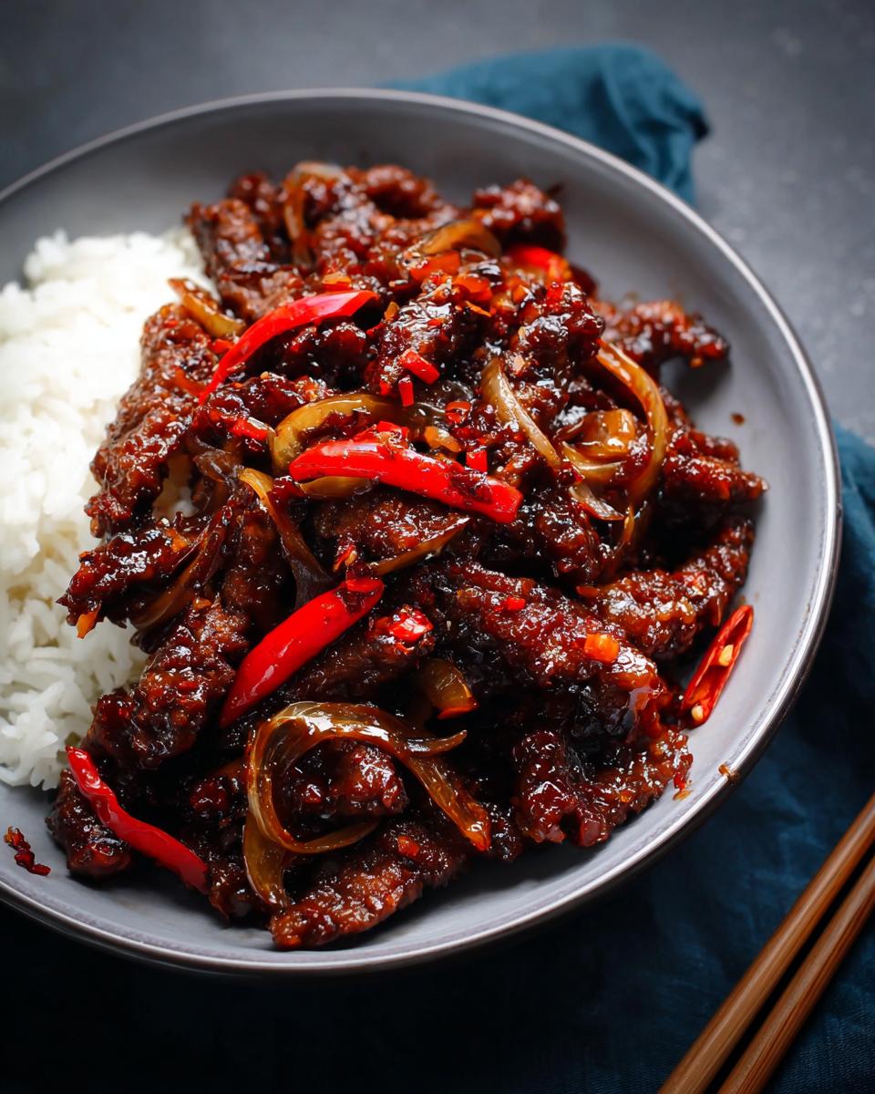 A close-up of a bowl of Crispy Chilli Beef Rice, featuring tender beef strips coated in a glossy sauce with red chilies and onions, served over white rice.