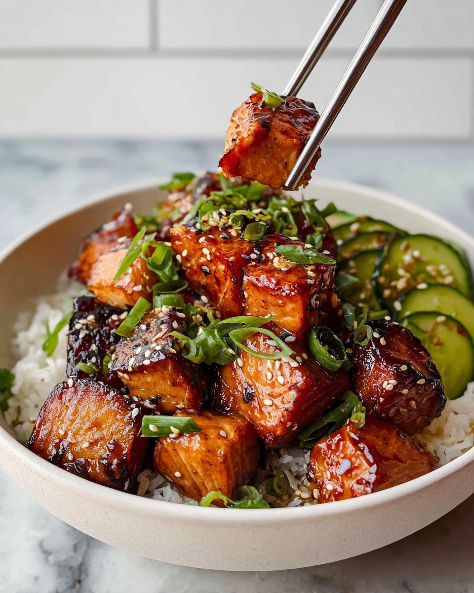 A close-up of a Crispy Salmon and Rice Bowl, with chopsticks picking up a piece of glazed salmon.
