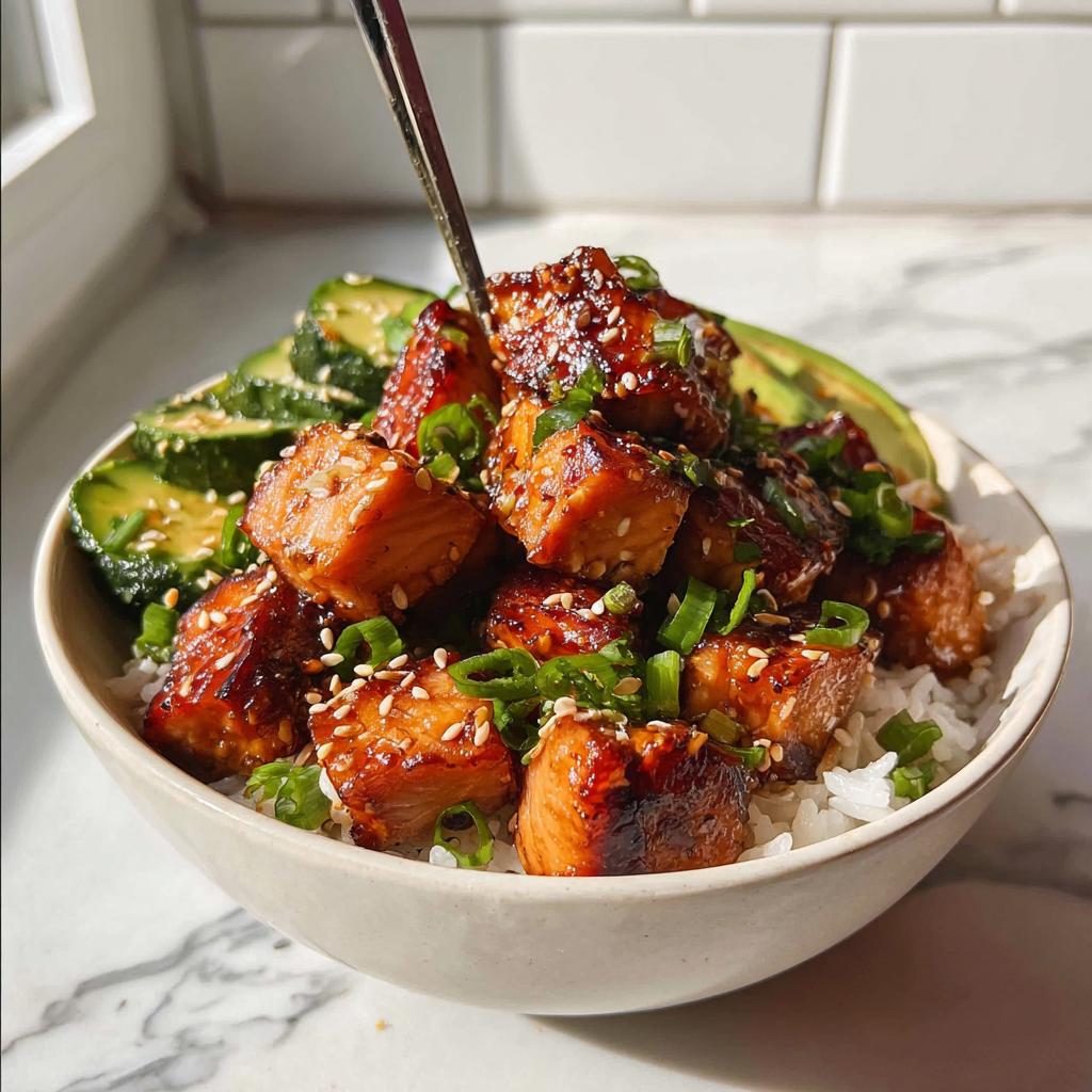A close-up of a delicious Crispy Salmon and Rice Bowl, featuring glazed salmon cubes over rice with sliced avocado and green onions.