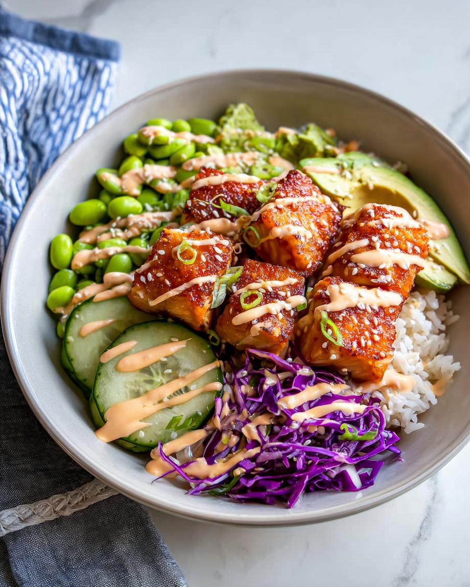 A delicious Crispy Salmon and Rice Bowl with edamame, avocado, cucumber, and red cabbage, drizzled with sauce.