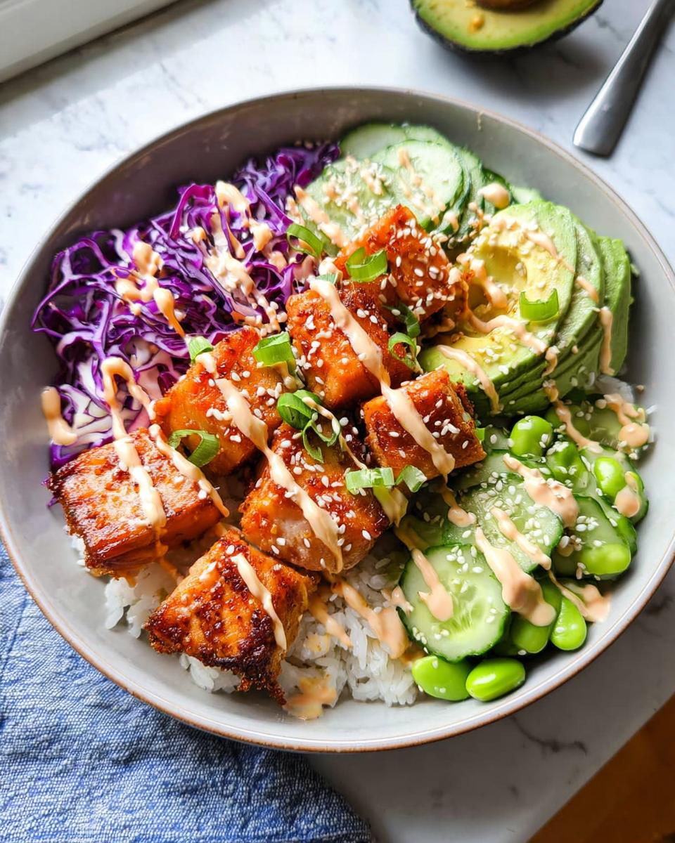 A close-up of a Crispy Salmon and Rice Bowl featuring perfectly cooked salmon pieces, rice, avocado, cucumber, red cabbage, and edamame, drizzled with sauce.