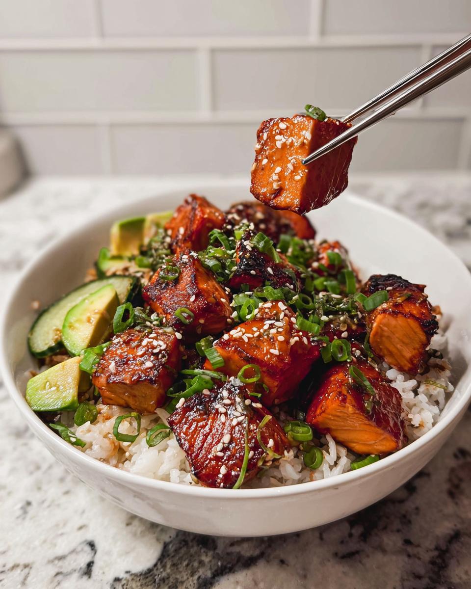 A close-up of a Crispy Salmon and Rice Bowl, with chopsticks lifting a piece of glazed salmon.