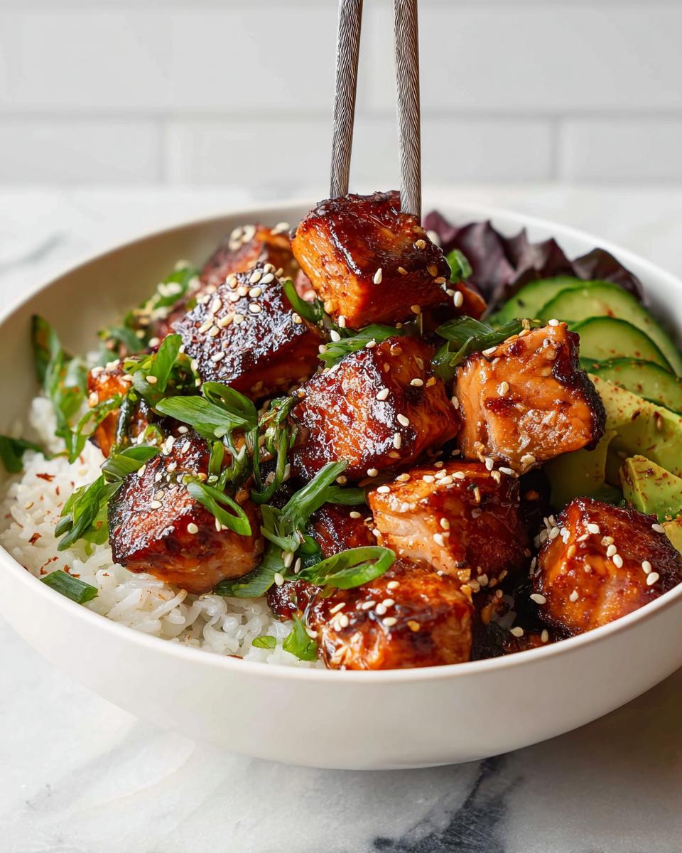 A close-up of a Crispy Salmon and Rice Bowl, featuring glazed salmon cubes, white rice, avocado, and green onions.