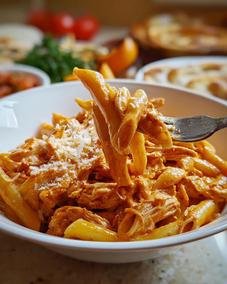 A fork lifting a bite of Crock Pot Creamy Cajun Chicken Pasta from a white bowl, topped with shredded cheese.