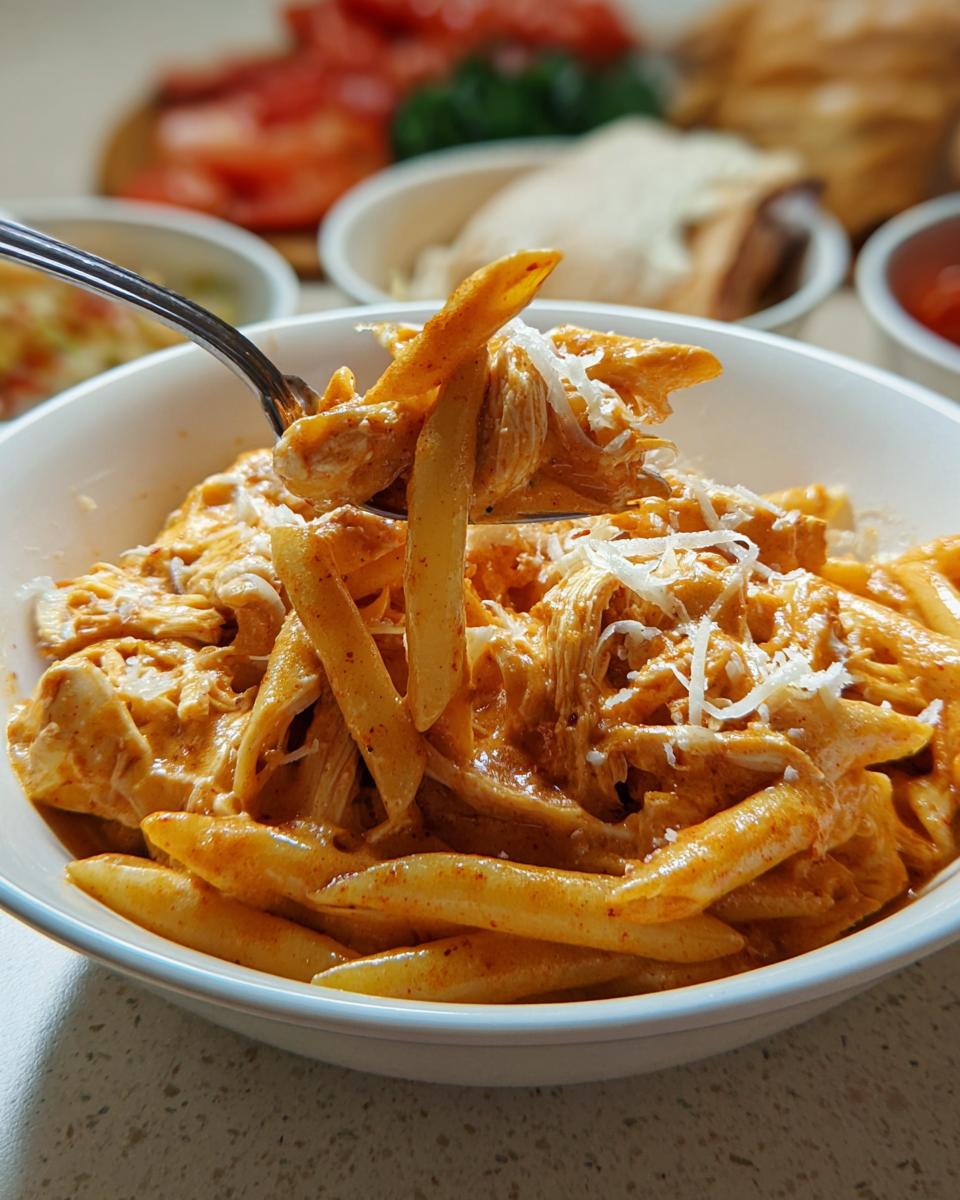 A fork lifts a portion of Crock Pot Creamy Cajun Chicken Pasta, showing penne pasta, shredded chicken, and creamy sauce, topped with shredded cheese.