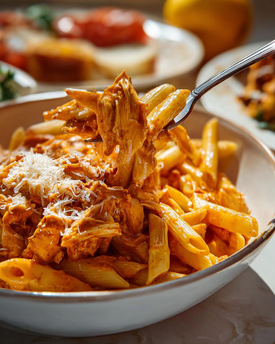 A fork lifting a generous portion of Crock Pot Creamy Cajun Chicken Pasta from a bowl, topped with grated cheese.