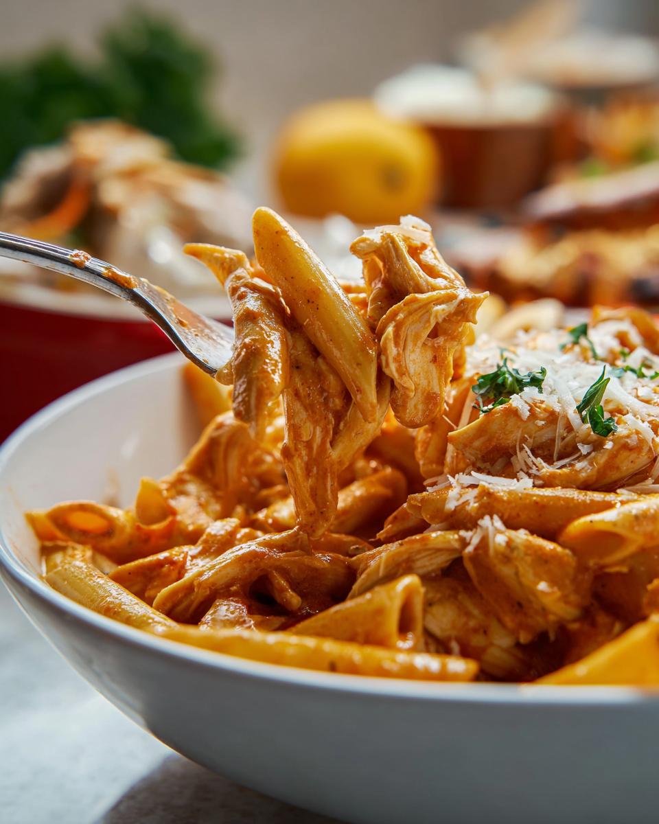 A fork lifts a generous portion of Crock Pot Creamy Cajun Chicken Pasta with penne noodles and shredded chicken.