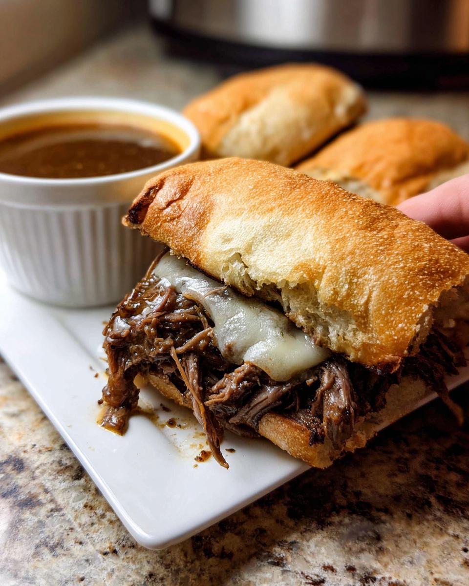 A delicious Crockpot French Dip Sandwich overflowing with shredded beef and melted cheese, served with a side of au jus.