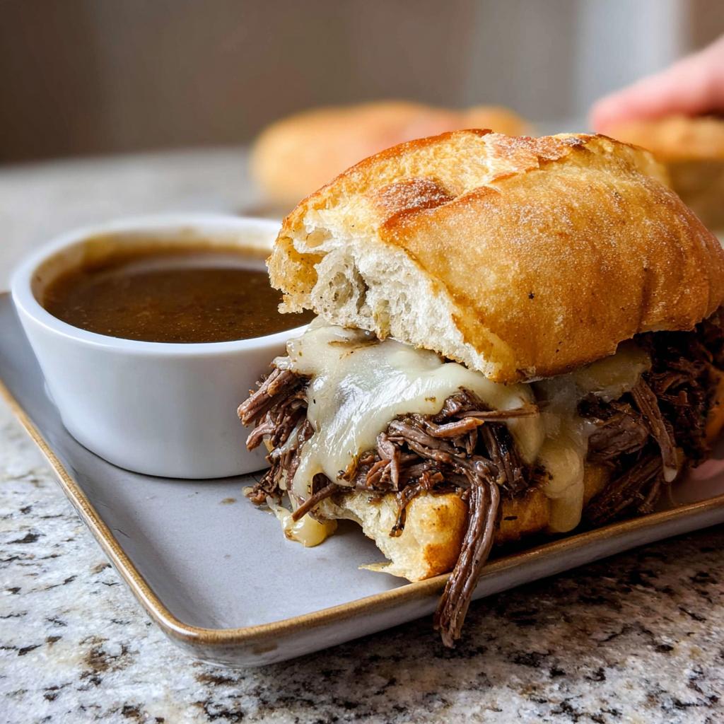 A close-up of a Crockpot French Dip Sandwich overflowing with shredded beef and melted cheese, served with a side of au jus.
