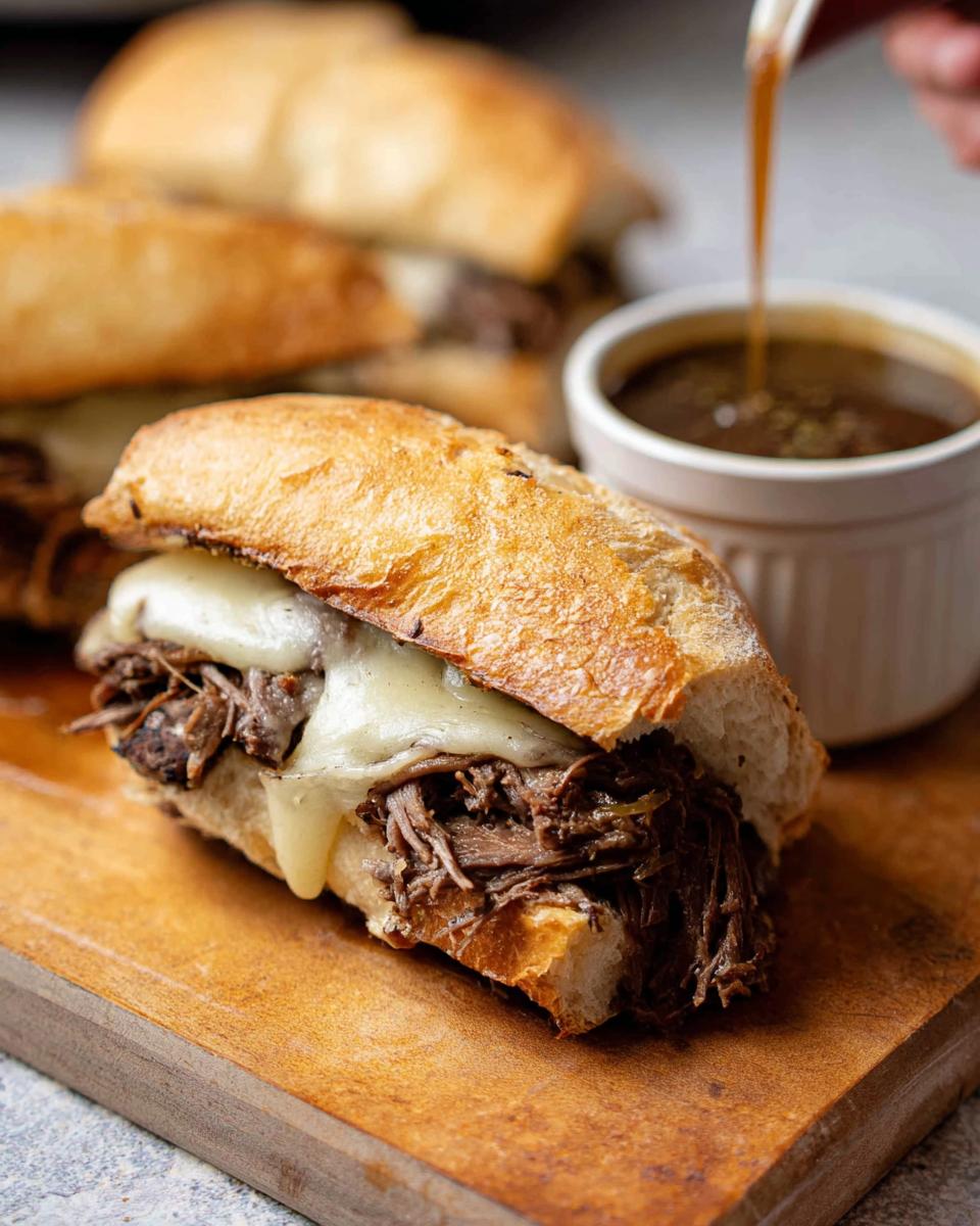 Close-up of a delicious Crockpot French Dip Sandwich with melted cheese and shredded beef on a bun, with au jus being poured.