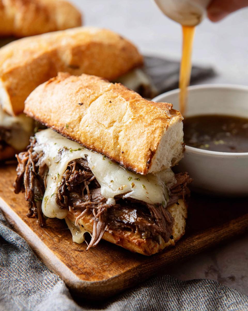 A close-up of a delicious Crockpot French Dip Sandwich with melted cheese and shredded beef, with au jus being poured.