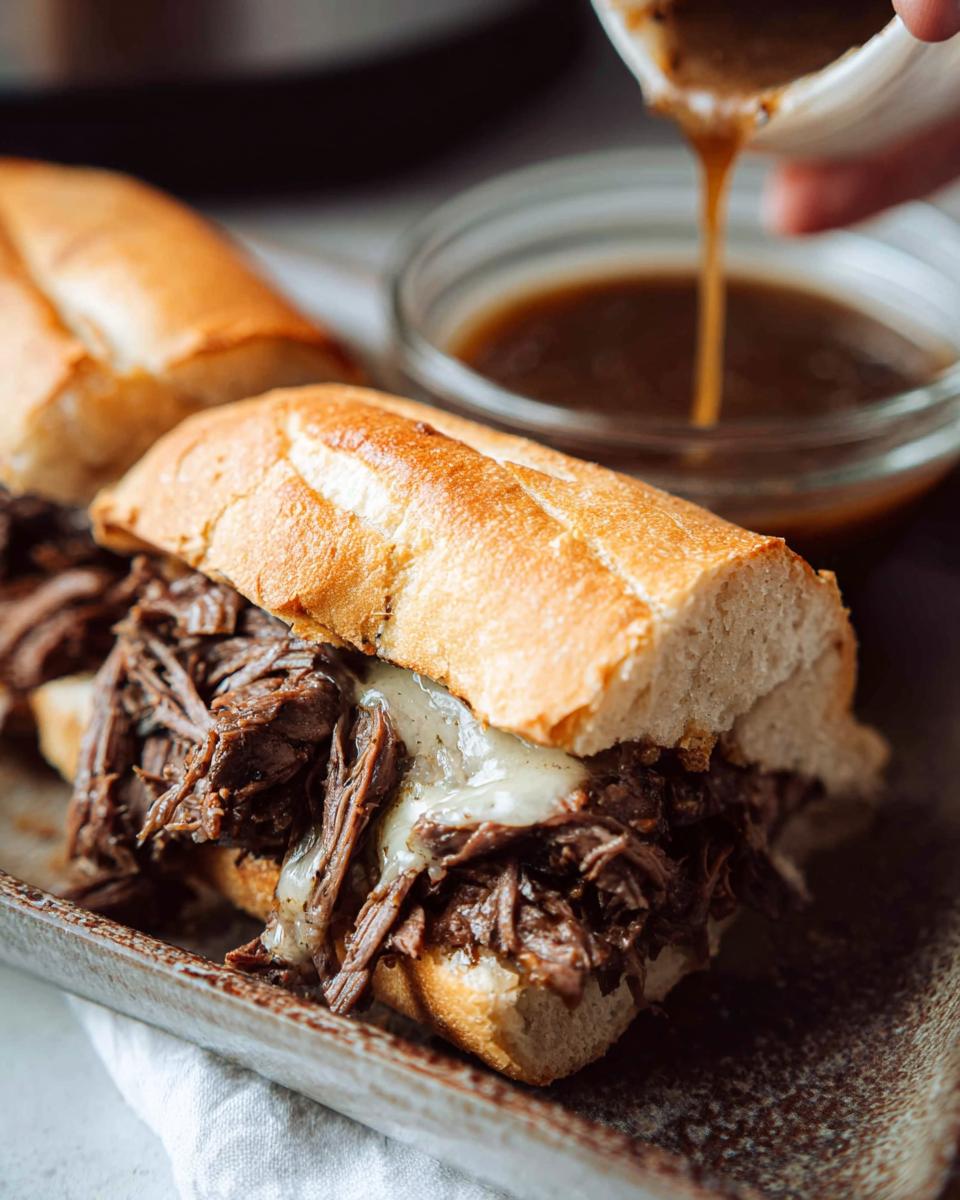 Close-up of a Crockpot French Dip Sandwich overflowing with shredded beef and melted cheese, with au jus being poured.