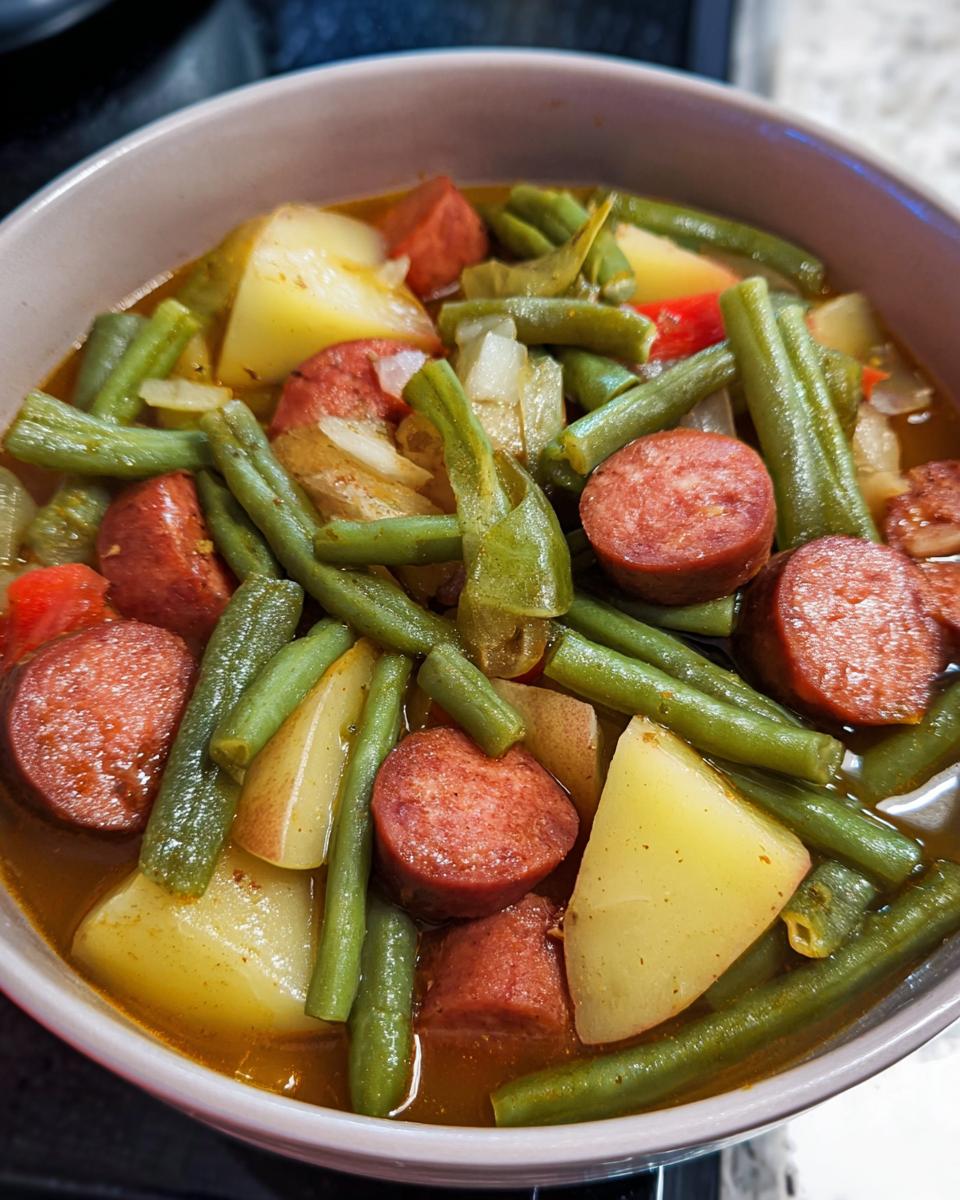 A close-up view of a bowl filled with Crockpot Kielbasa and Green Beans, featuring sliced kielbasa, potatoes, and green beans in a savory broth.