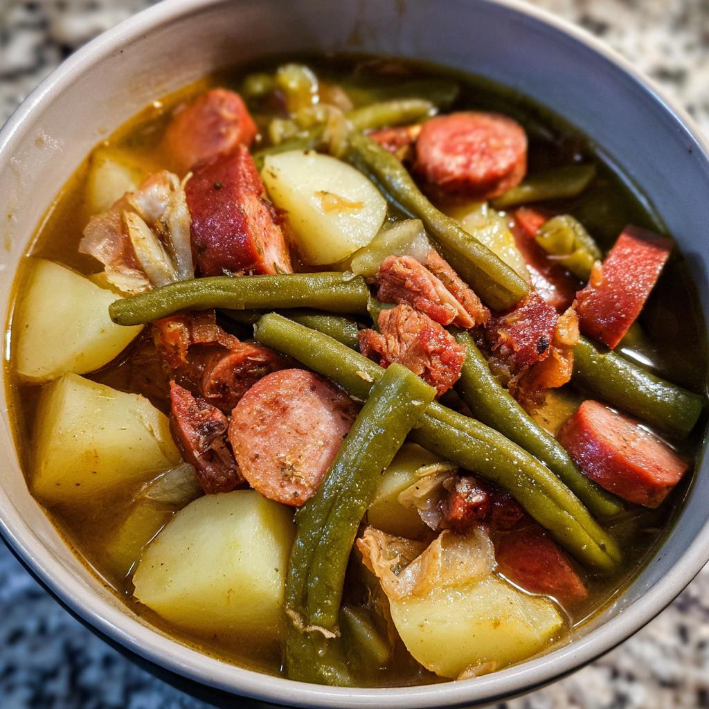 A close-up overhead view of a bowl filled with Crockpot Kielbasa and Green Beans, featuring potatoes, sausage slices, and green beans in broth.