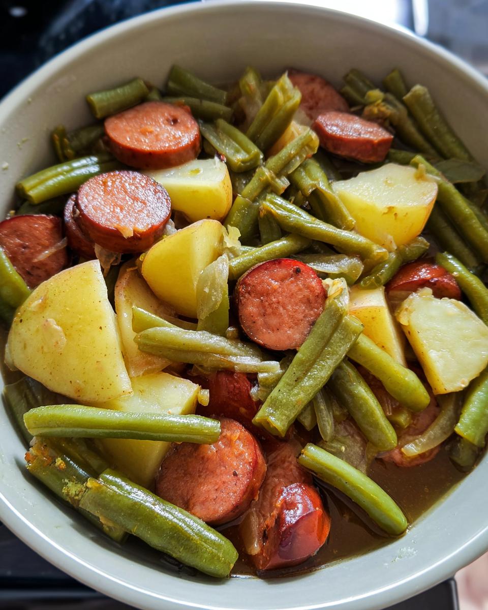 A close-up overhead view of a bowl filled with Crockpot Kielbasa and Green Beans, featuring sliced kielbasa, potatoes, and green beans in a savory broth.