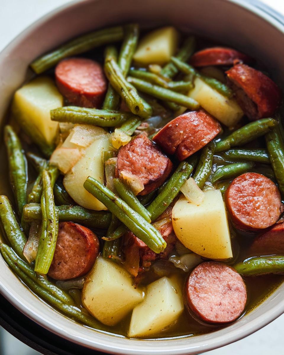 A close-up overhead view of Crockpot Kielbasa and Green Beans with potatoes and onions in a pot.