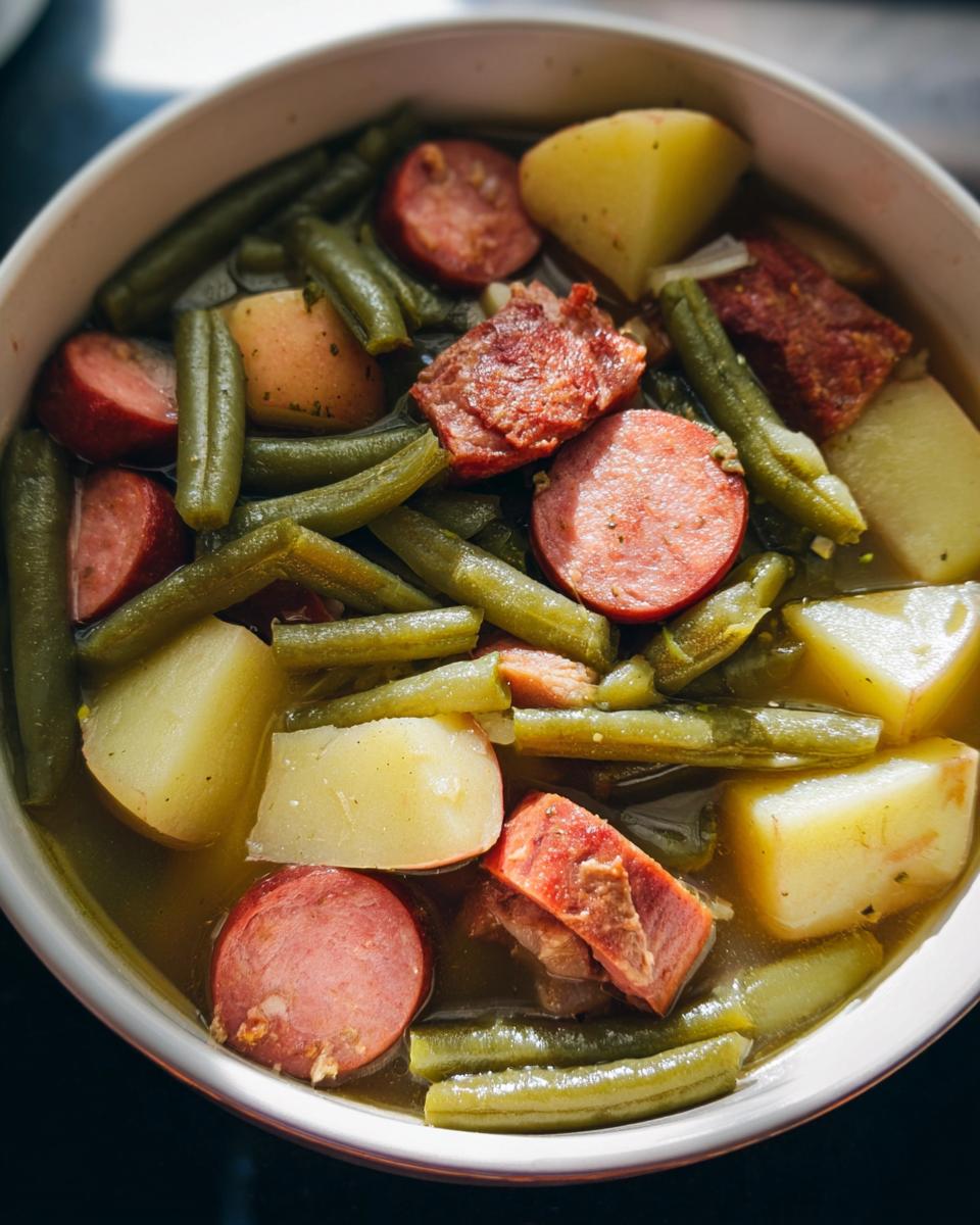 A close-up overhead view of a bowl filled with Crockpot Kielbasa and Green Beans, featuring potatoes and savory broth.