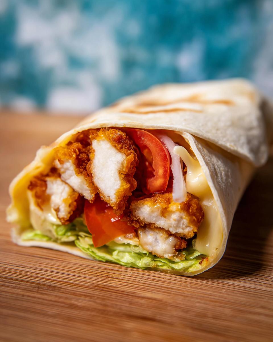 Close-up of a Crunchy Crispy Air Fryer Chicken & Mozzarella Wrap filled with lettuce, tomato, onion, and creamy sauce.