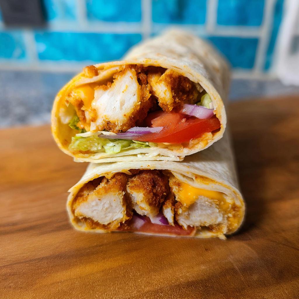 Two halves of a Crunchy Crispy Air Fryer Chicken Wrap filled with chicken, cheese, lettuce, tomato, and onion.