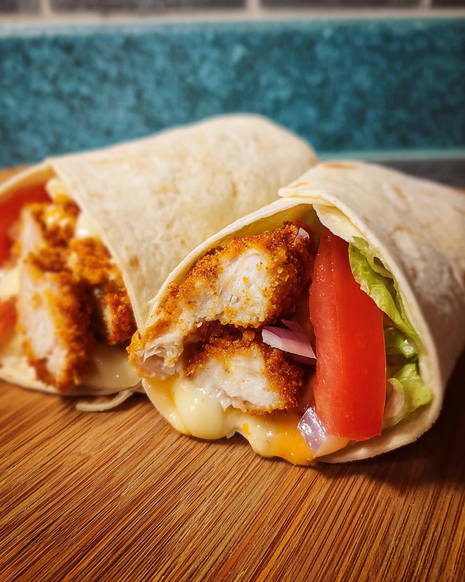 Two Crunchy Crispy Air Fryer Chicken & Mozzarella Wraps filled with chicken, cheese, lettuce, tomato, and onion.