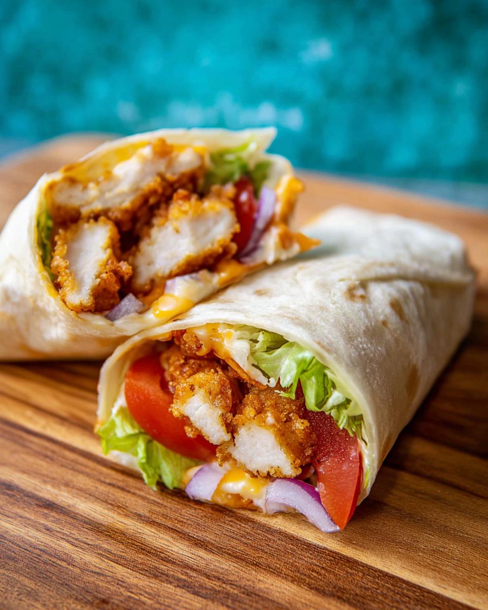 Close-up of a Crunchy Crispy Air Fryer Chicken Wrap cut in half, showing fried chicken pieces, lettuce, tomato, onion, and melted cheese.