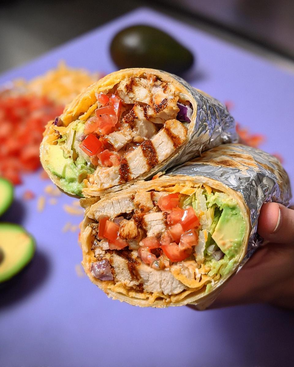 A halved Easy Chipotle Ranch Grilled Chicken Burrito showing grilled chicken, avocado, tomatoes, lettuce, and cheese.