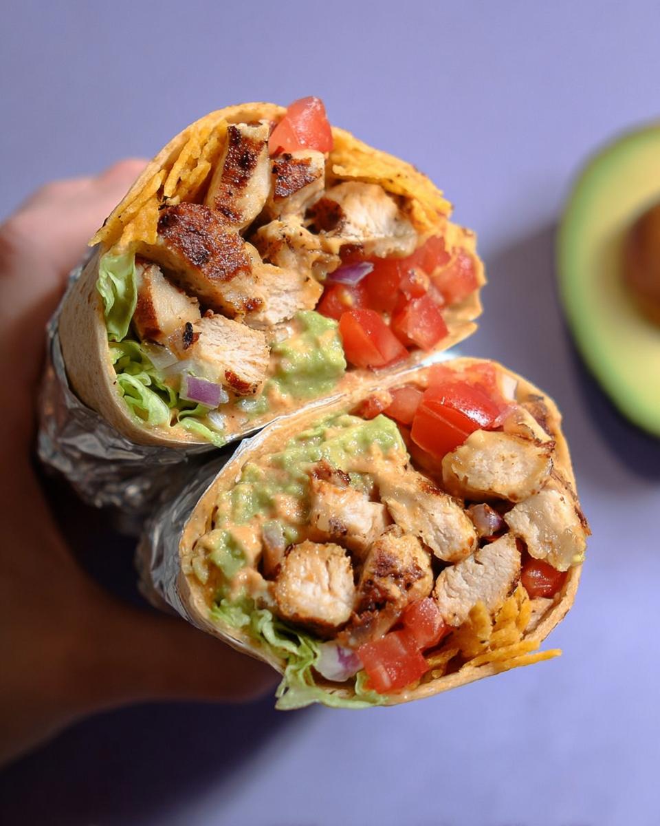 A cross-section of an Easy Chipotle Ranch Grilled Chicken Burrito, revealing grilled chicken, guacamole, tomatoes, lettuce, and cheese.