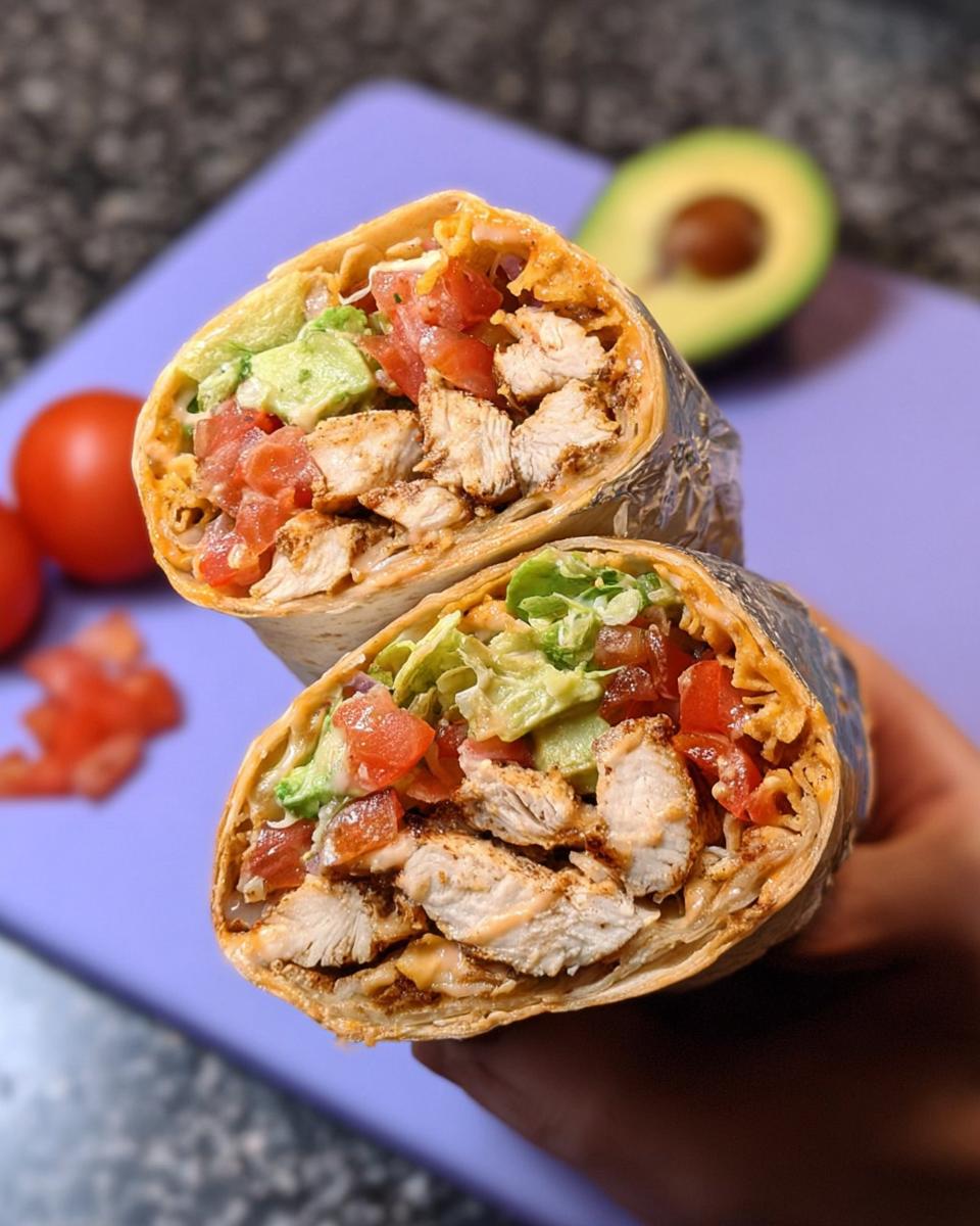 A close-up of an Easy Chipotle Ranch Grilled Chicken Burrito, cut in half, revealing grilled chicken, avocado, tomatoes, and lettuce.