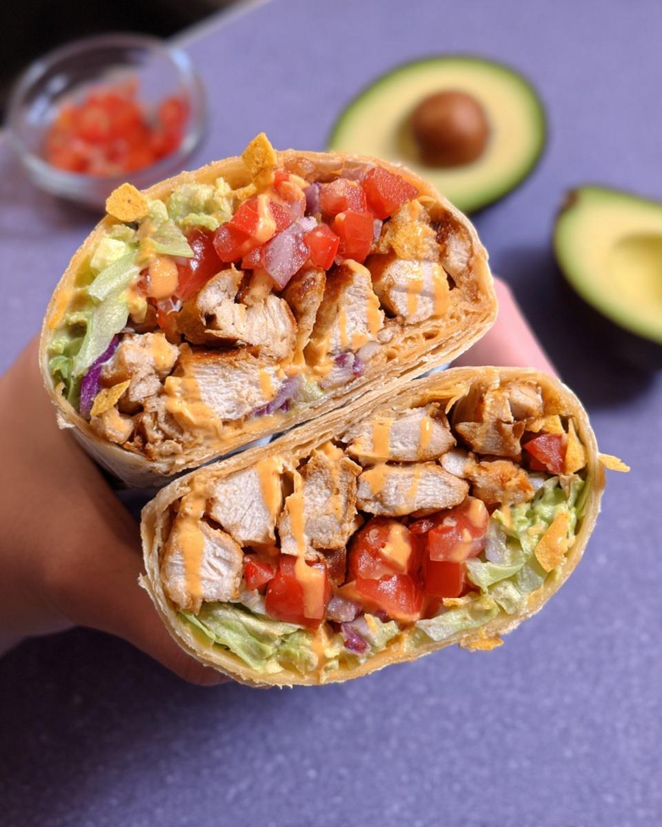 Close-up of a halved Easy Chipotle Ranch Grilled Chicken Burrito, revealing chicken, lettuce, tomatoes, avocado, and chipotle ranch sauce.